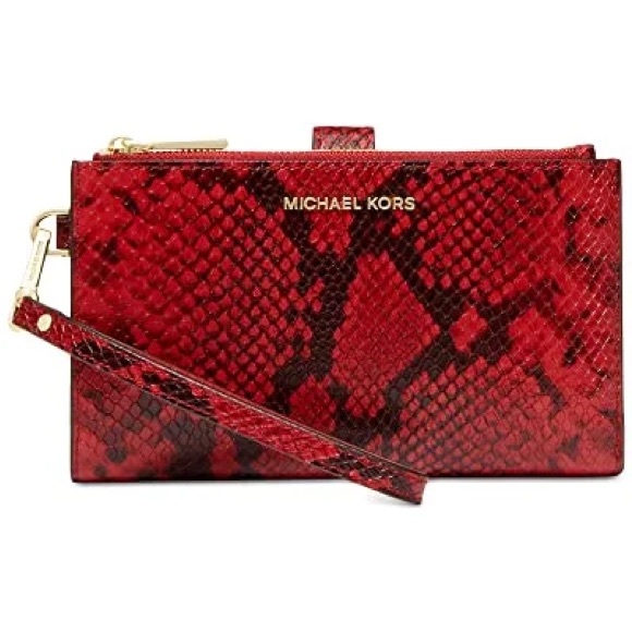 Michael Kors Jet Set Double Zip Wristlet Leather Phone Wallet Crimson - Picture 1 of 7